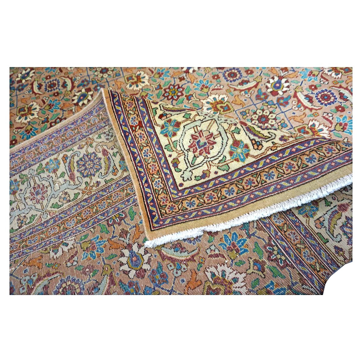 Antique Persian Tabriz Wool 7x9 Tan & Ivory Handmade Area Rug #9902154