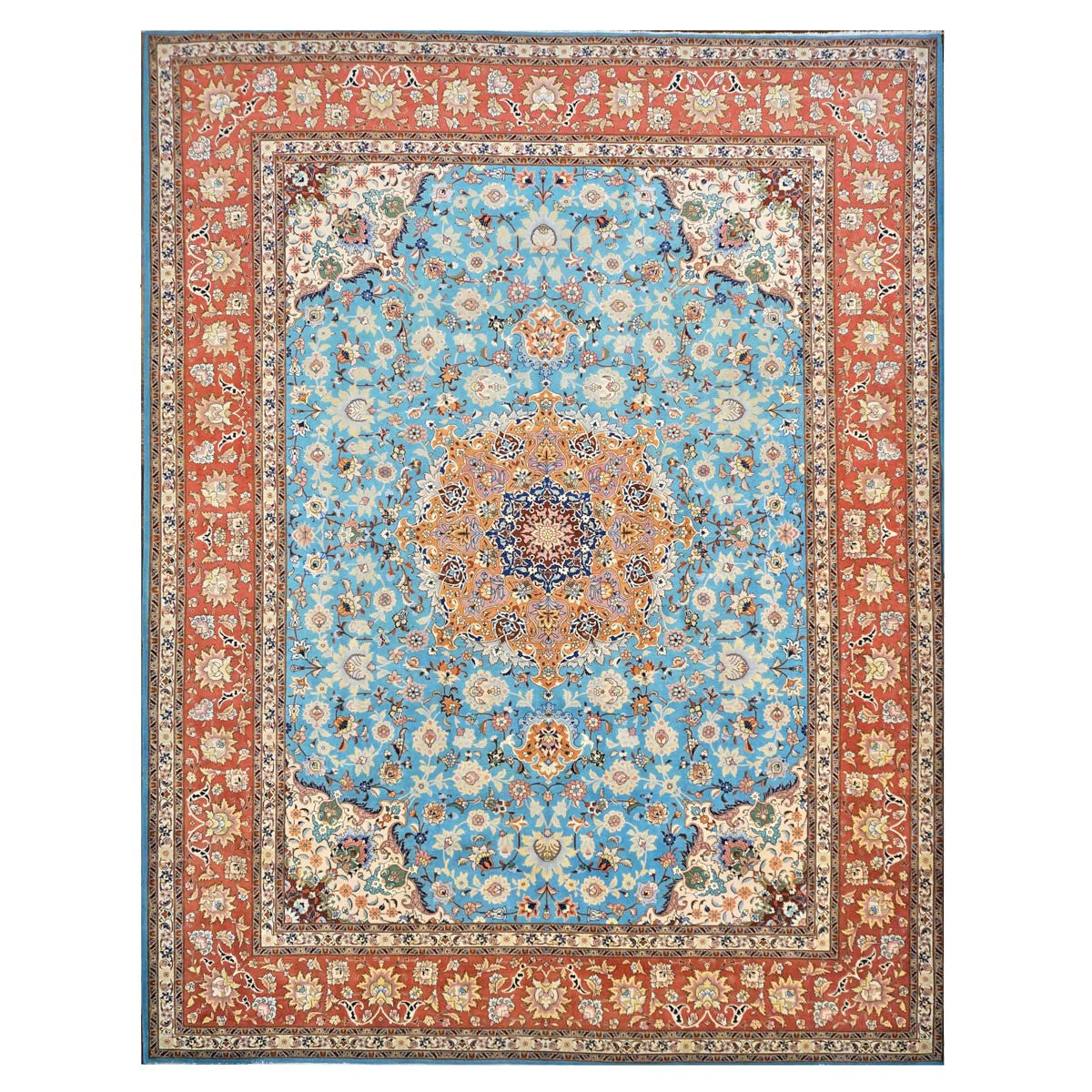 Antique Persian Tabriz Emad Wool 10x13 Light Blue & Red Handmade Area Rug #9902217