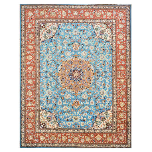 Antique Persian Tabriz Emad Wool 10x13 Light Blue & Red Handmade Area Rug #9902217