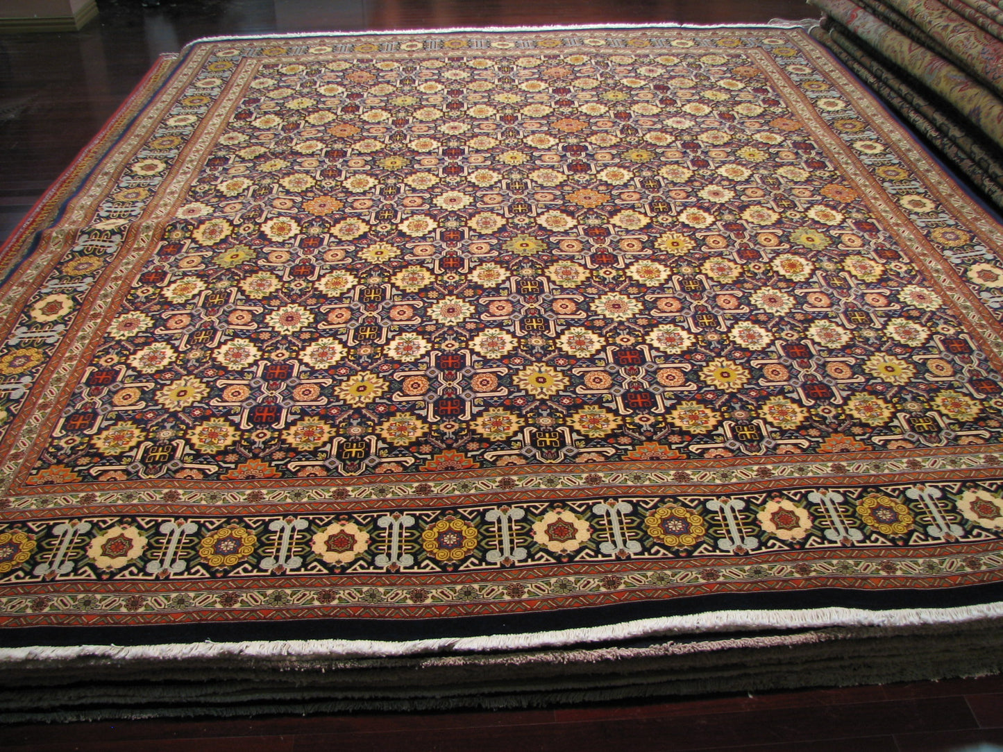 Antique Persian Tabriz Wool 10 x 12  Navy Blue, Yellow, Brown & Ivory Handmade Area Rug #9902234