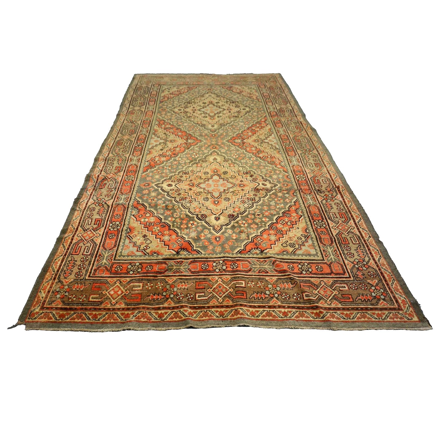 Vintage East Turkestani Khotan Wool 6x11 Beige, Olive & Orange Handmade Area Rug #9902241