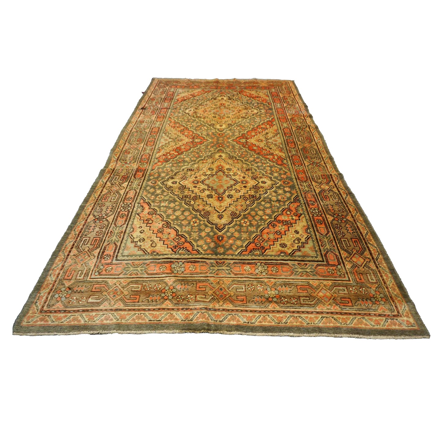Vintage East Turkestani Khotan Wool 6x11 Beige, Olive & Orange Handmade Area Rug #9902241