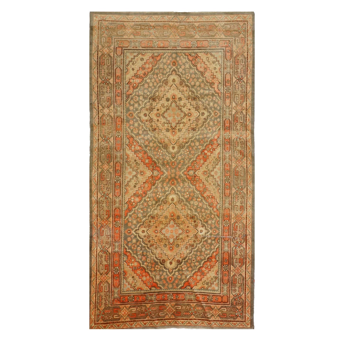Vintage East Turkestani Khotan Wool 6x11 Beige, Olive & Orange Handmade Area Rug #9902241