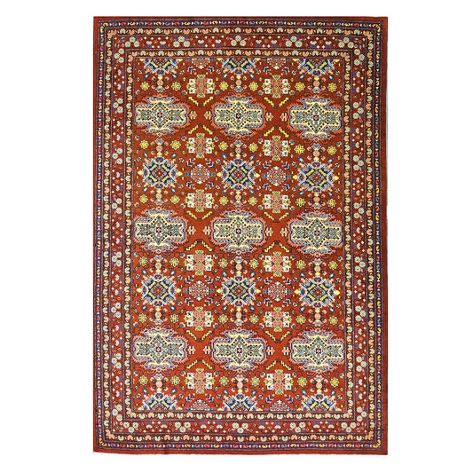 Antique Cacasiani Khotan Wool 7x10 Red & Ivory Handmade Area Rug #9902253