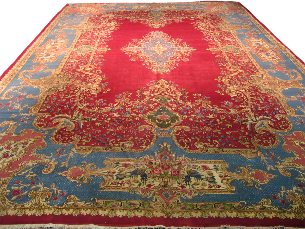 Antique Persian Kerman Wool 12X18 Red, Blue & Gold Handmade Area Rug #9902258