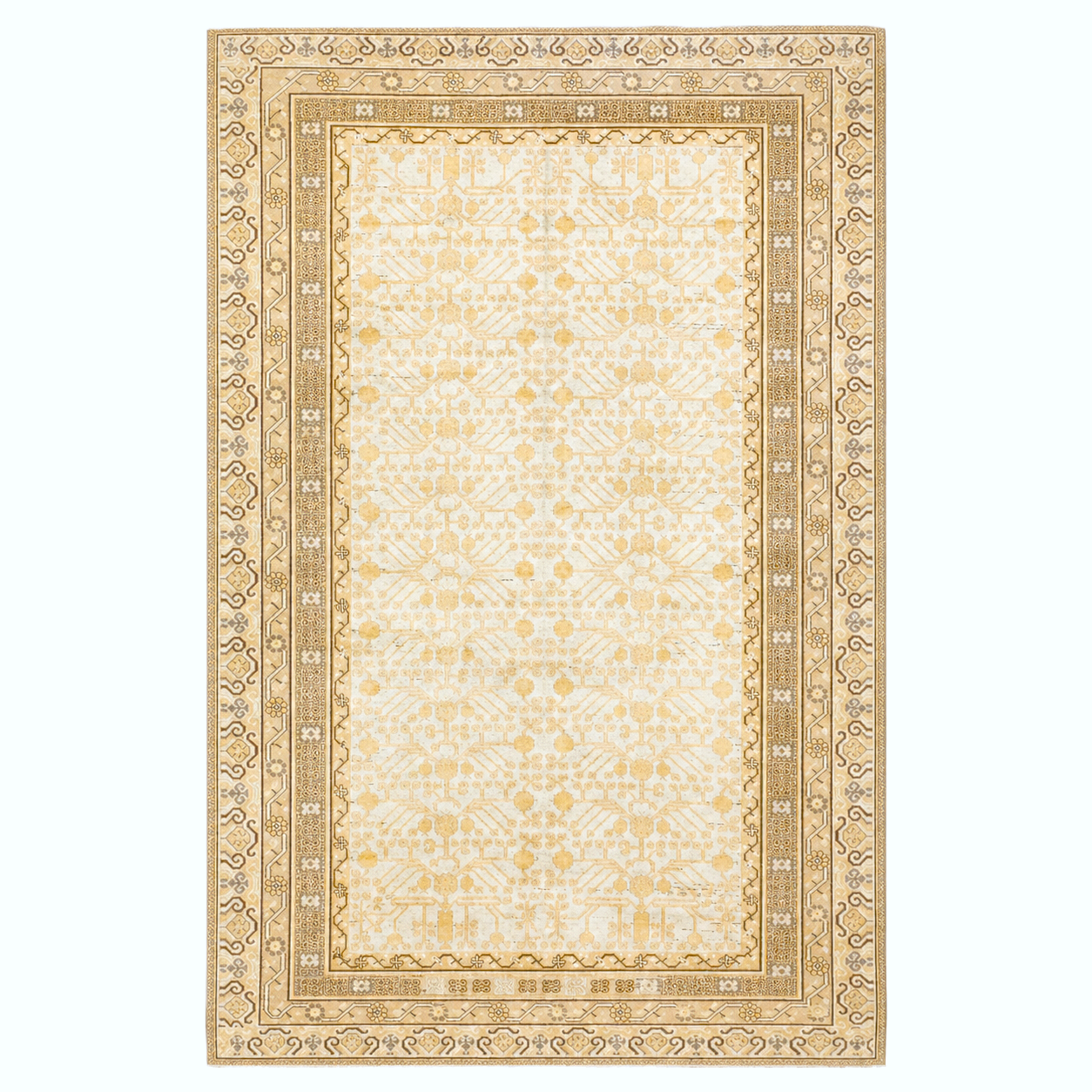 Vintage East Turkestani Tribal Khotan Wool 7x13 Ivory & Tan Handmade Gallery Rug #9902269