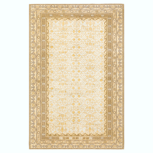 Vintage East Turkestani Tribal Khotan Wool 7x13 Ivory & Tan Handmade Gallery Rug #9902269