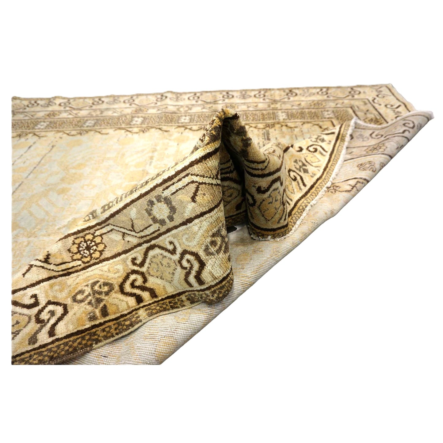 Vintage East Turkestani Tribal Khotan Wool 7x13 Ivory & Tan Handmade Gallery Rug #9902269