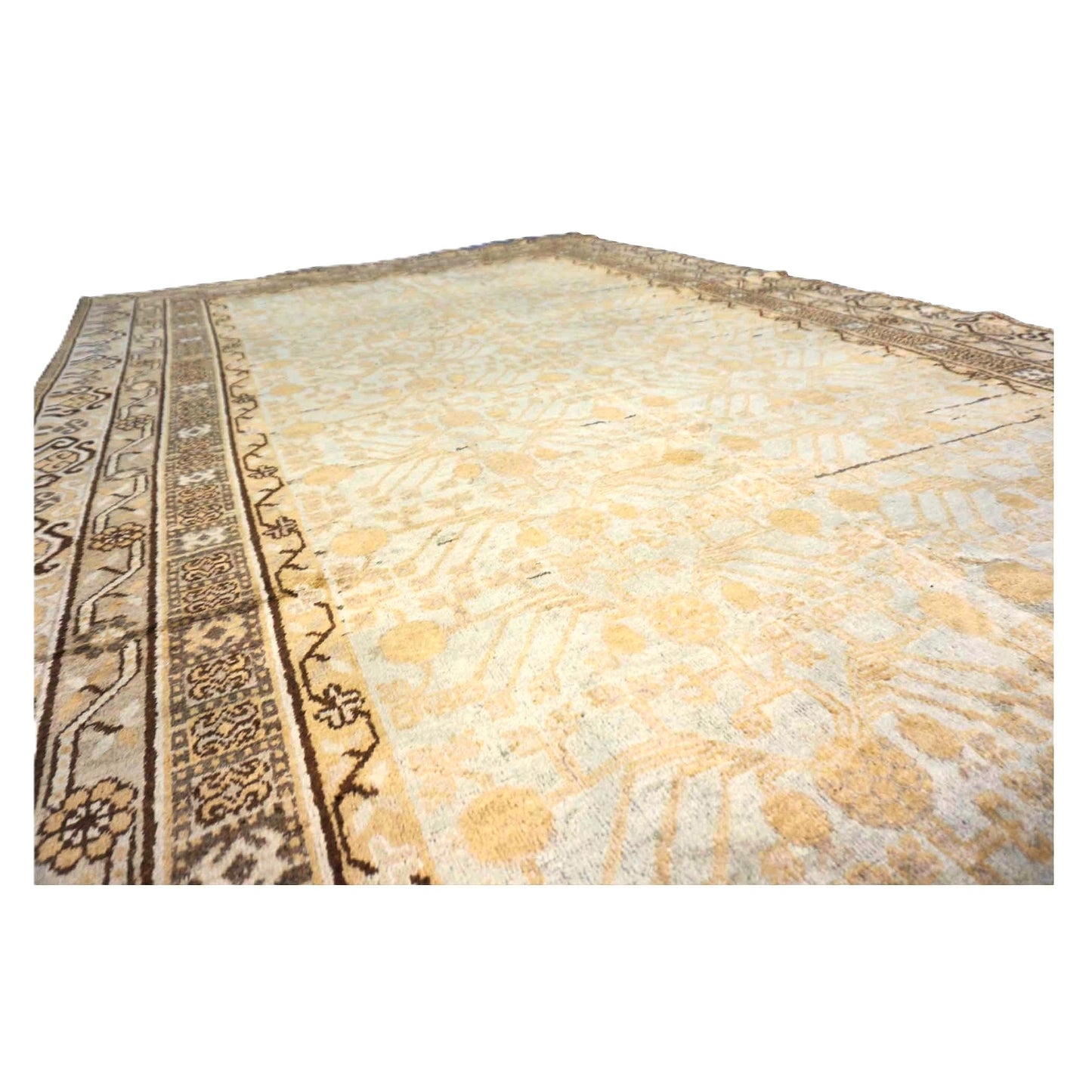 Vintage East Turkestani Tribal Khotan Wool 7x13 Ivory & Tan Handmade Gallery Rug #9902269