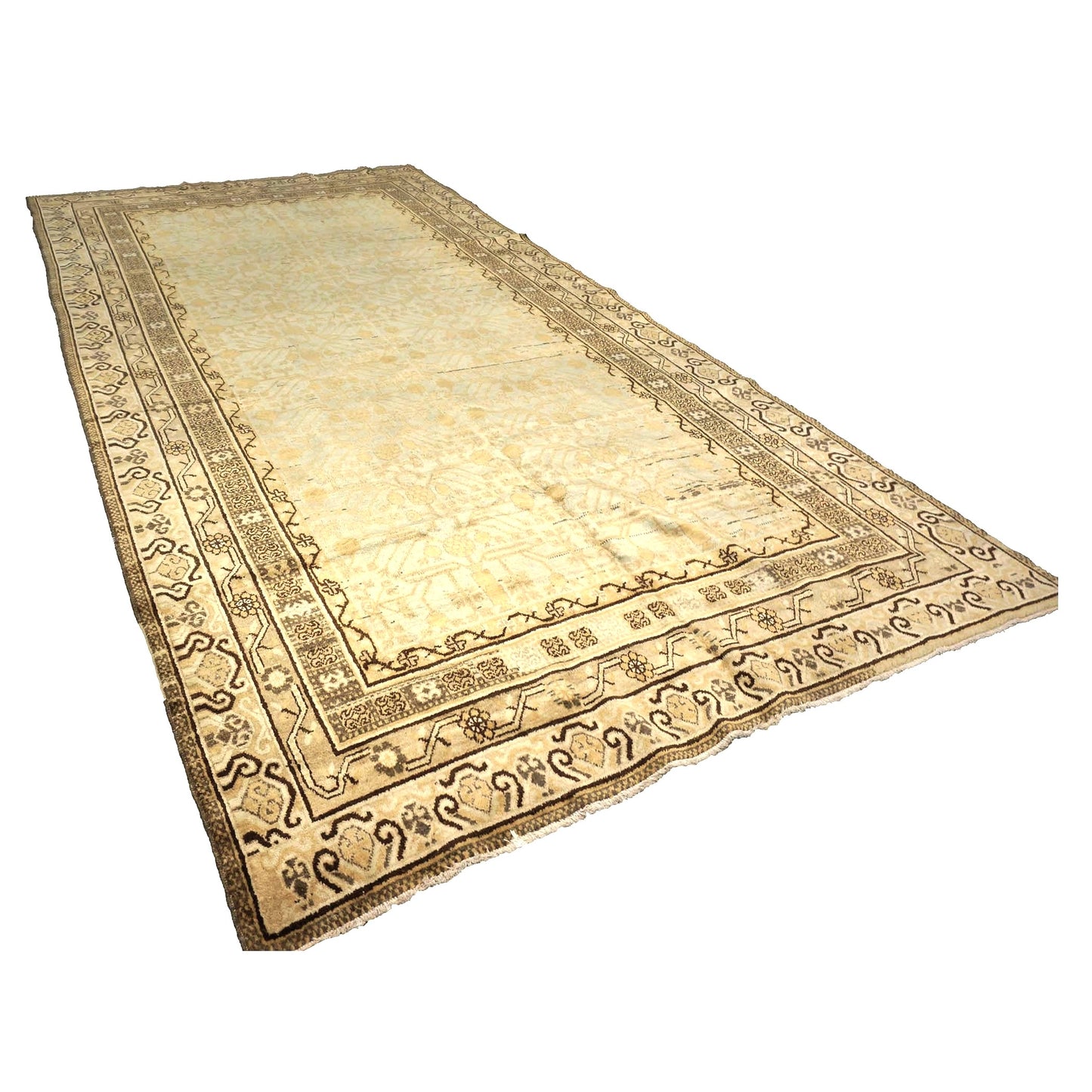 Vintage East Turkestani Tribal Khotan Wool 7x13 Ivory & Tan Handmade Gallery Rug #9902269