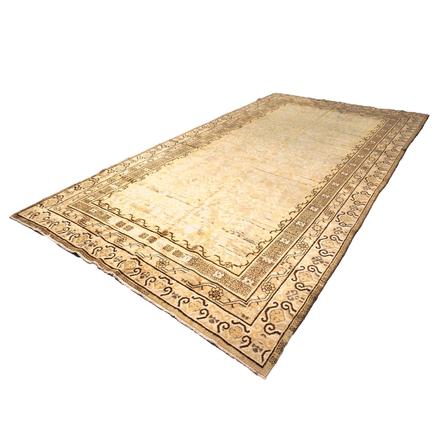 Vintage East Turkestani Tribal Khotan Wool 7x13 Ivory & Tan Handmade Gallery Rug #9902269