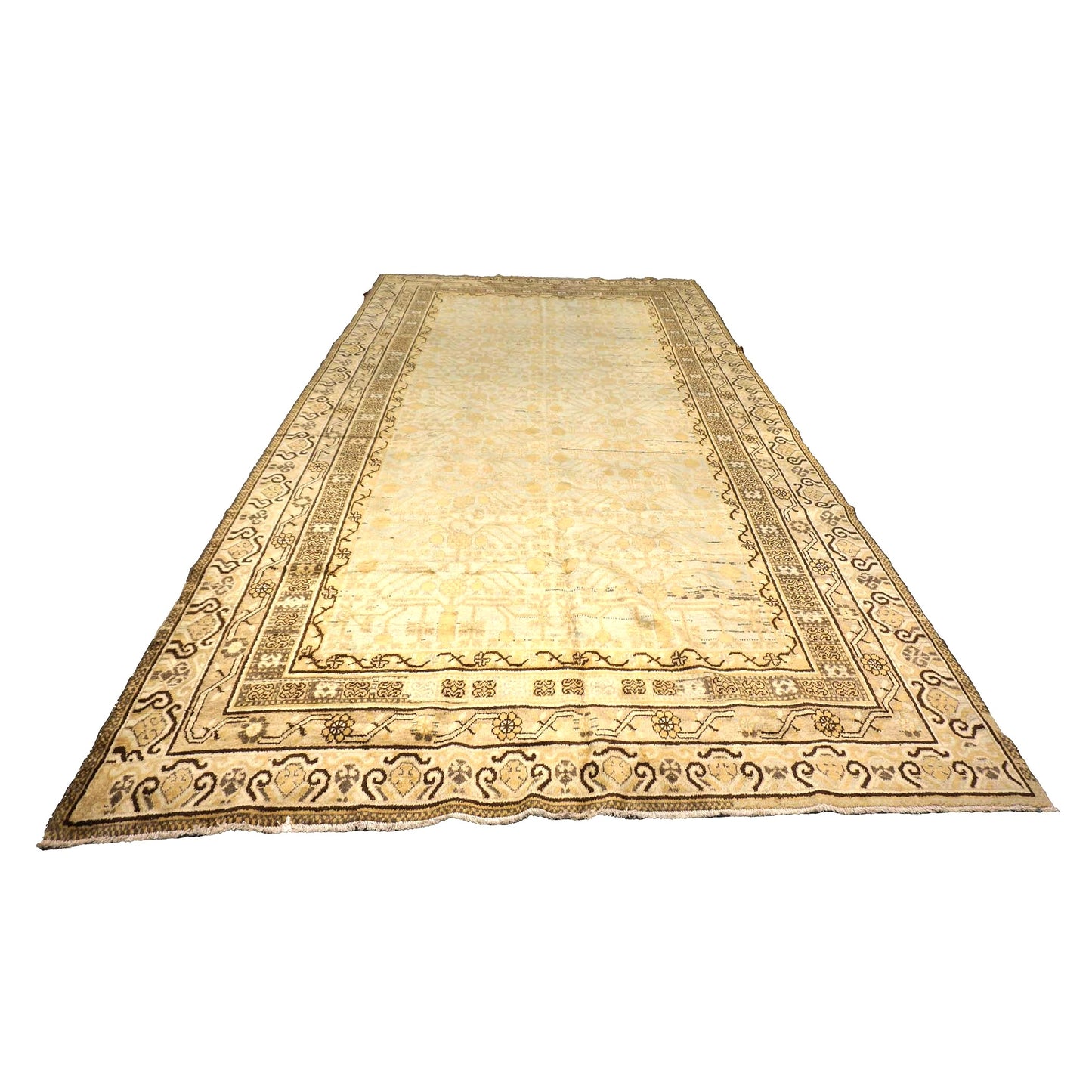 Vintage East Turkestani Tribal Khotan Wool 7x13 Ivory & Tan Handmade Gallery Rug #9902269
