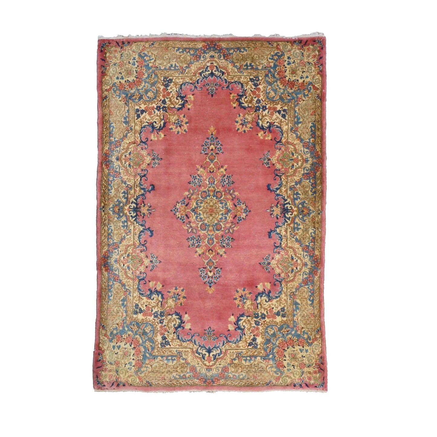 Antique Persian Kerman 4X6 Red, Blue & Ivory Handmade Area Rug #9902283