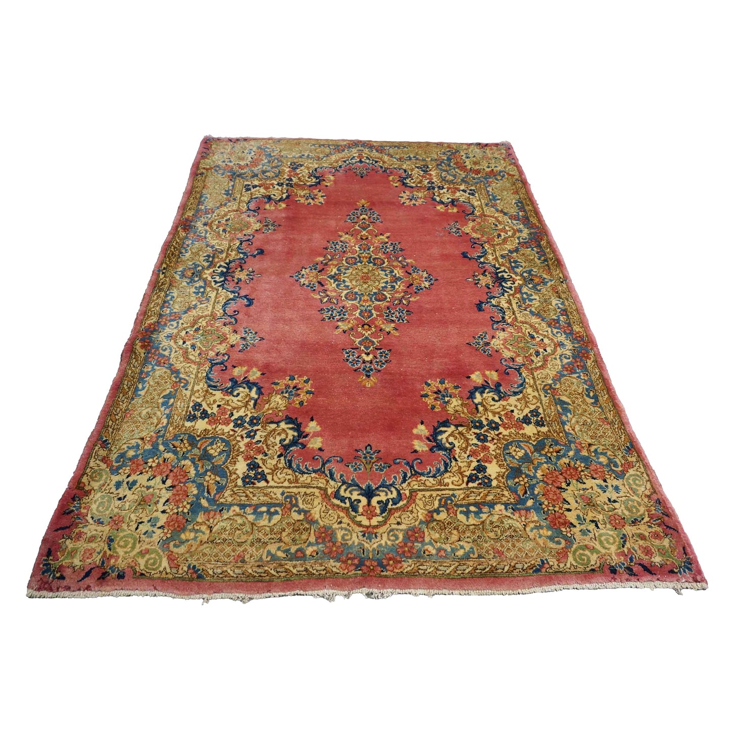 Antique Persian Kerman 4X6 Red, Blue & Ivory Handmade Area Rug #9902283