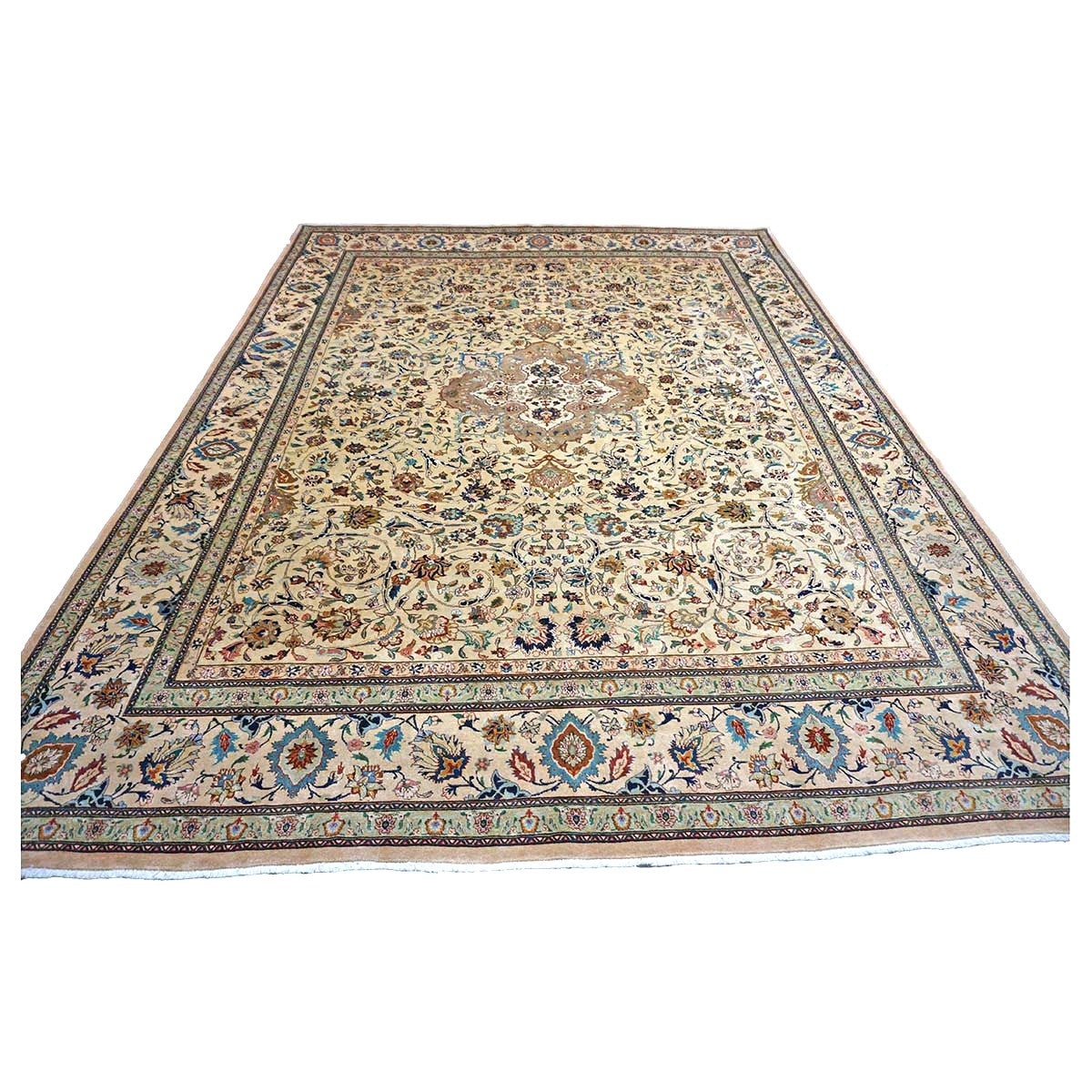 Persian Tabriz Wool 10x12 Beige, Blue & Ivory Handmade Area Rug #9902293