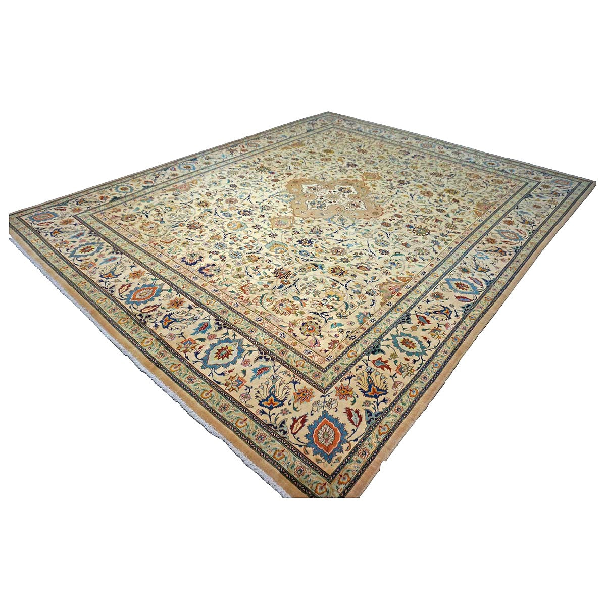 Persian Tabriz Wool 10x12 Beige, Blue & Ivory Handmade Area Rug #9902293