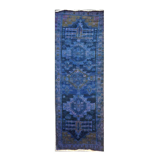 Vintage Persian Overdye Wool 3x10 Blue & Tan Handmade Runner Rug # 9902294