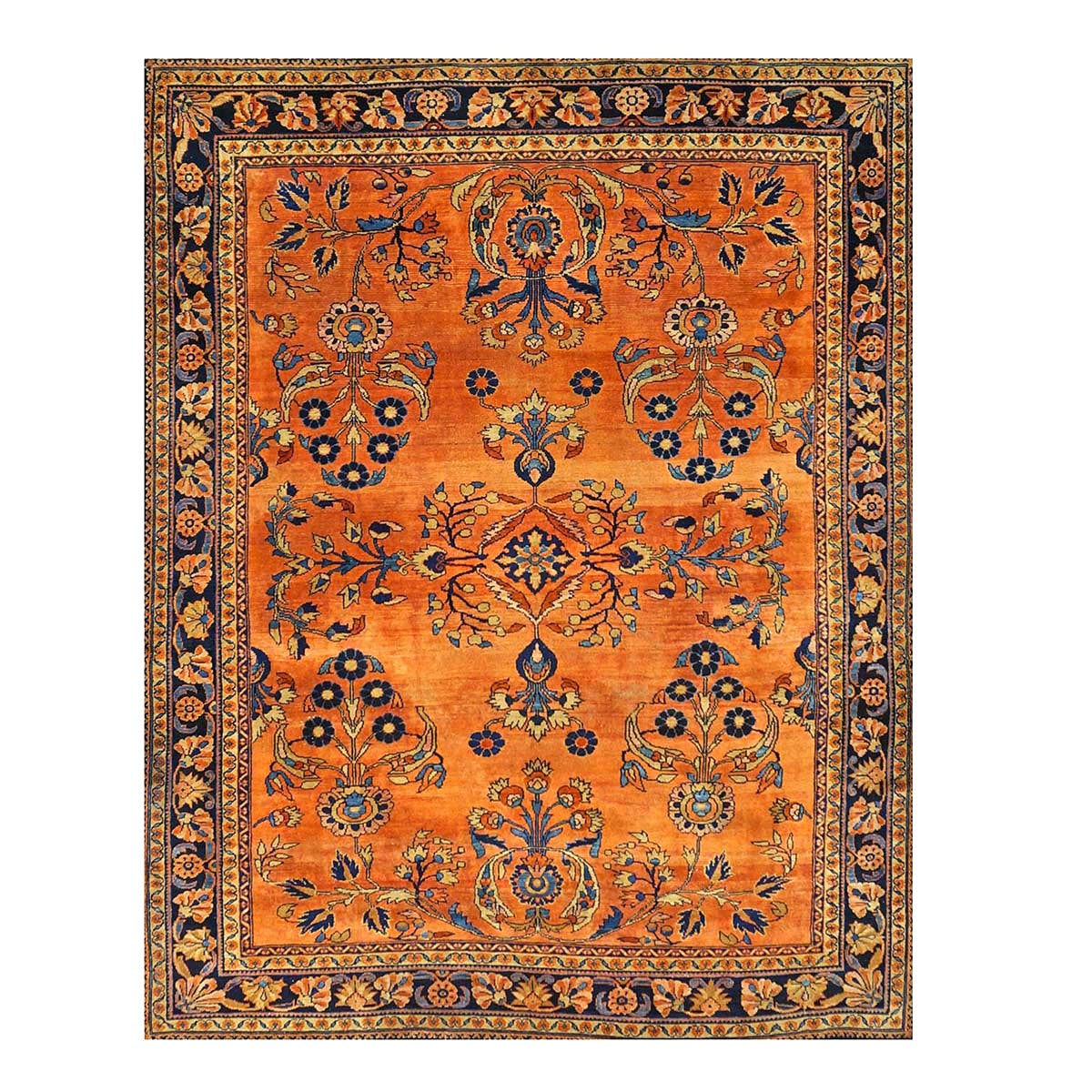 Antique Persian Lilihan Wool 7x10 Orange, Blue & Tan Handmade Area Rug #9902305