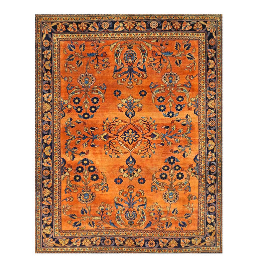 Antique Persian Lilihan Wool 7x10 Orange, Blue & Tan Handmade Area Rug #9902305
