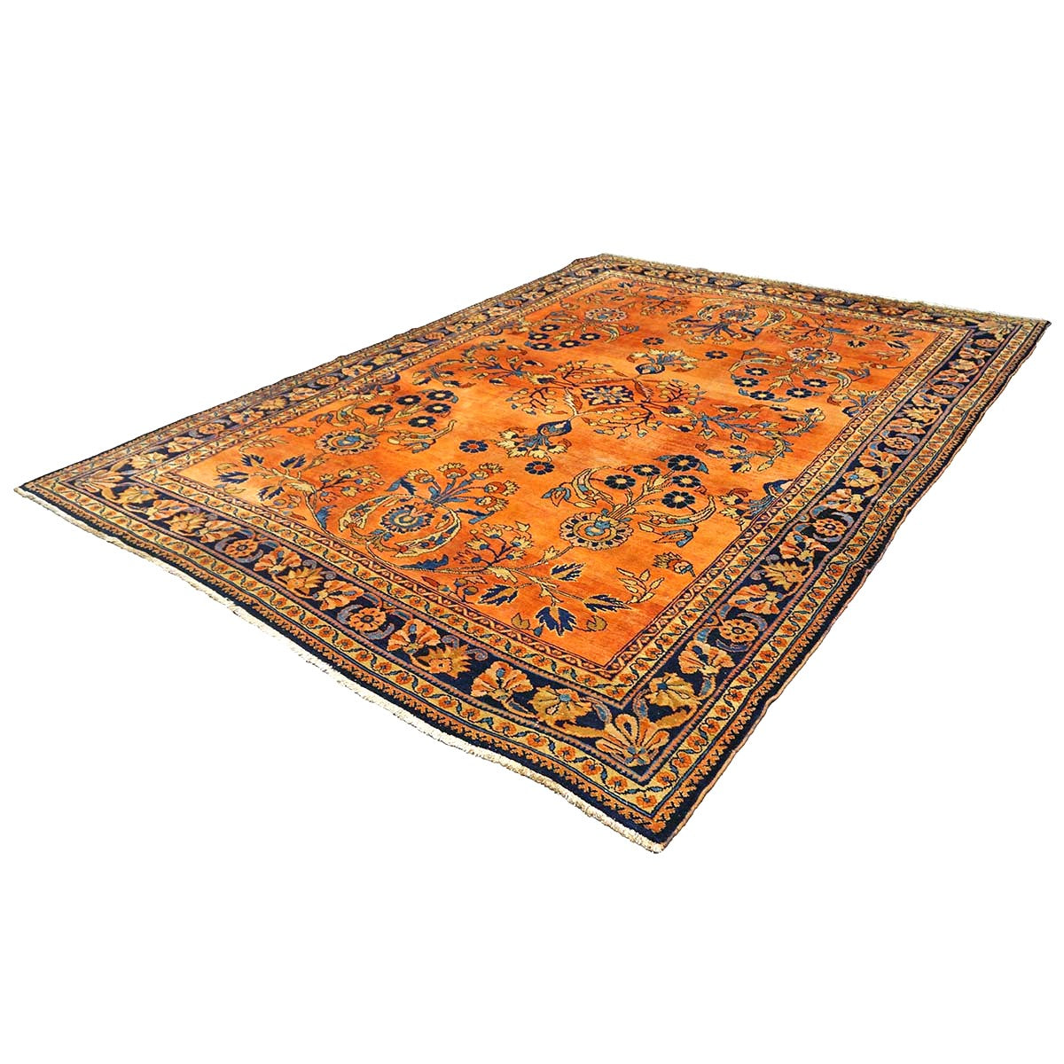 Antique Persian Lilihan Wool 7x10 Orange, Blue & Tan Handmade Area Rug #9902305