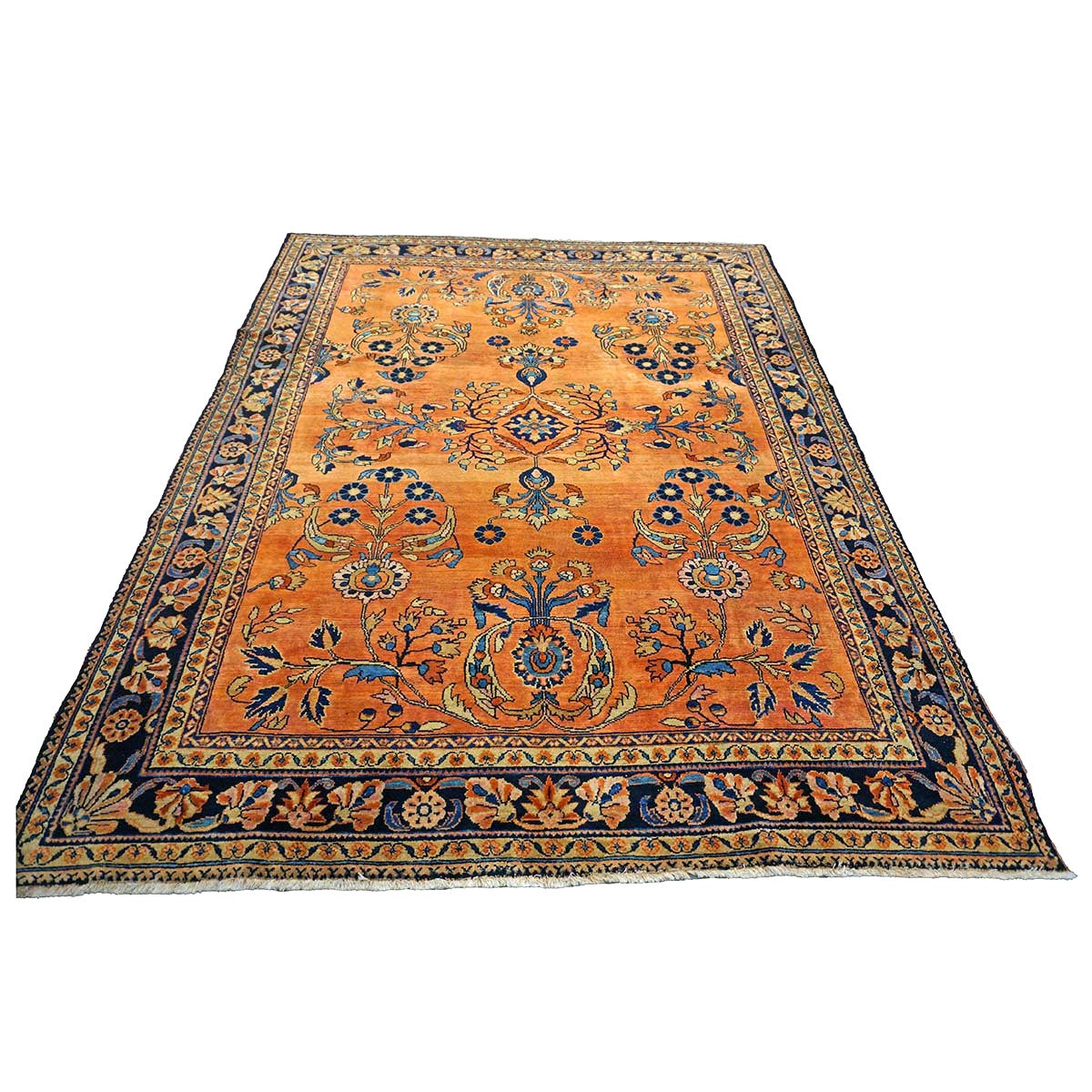 Antique Persian Lilihan Wool 7x10 Orange, Blue & Tan Handmade Area Rug #9902305