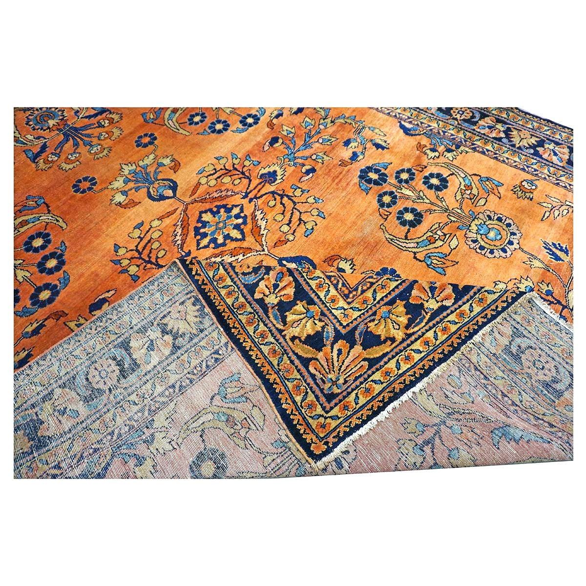 Antique Persian Lilihan Wool 7x10 Orange, Blue & Tan Handmade Area Rug #9902305