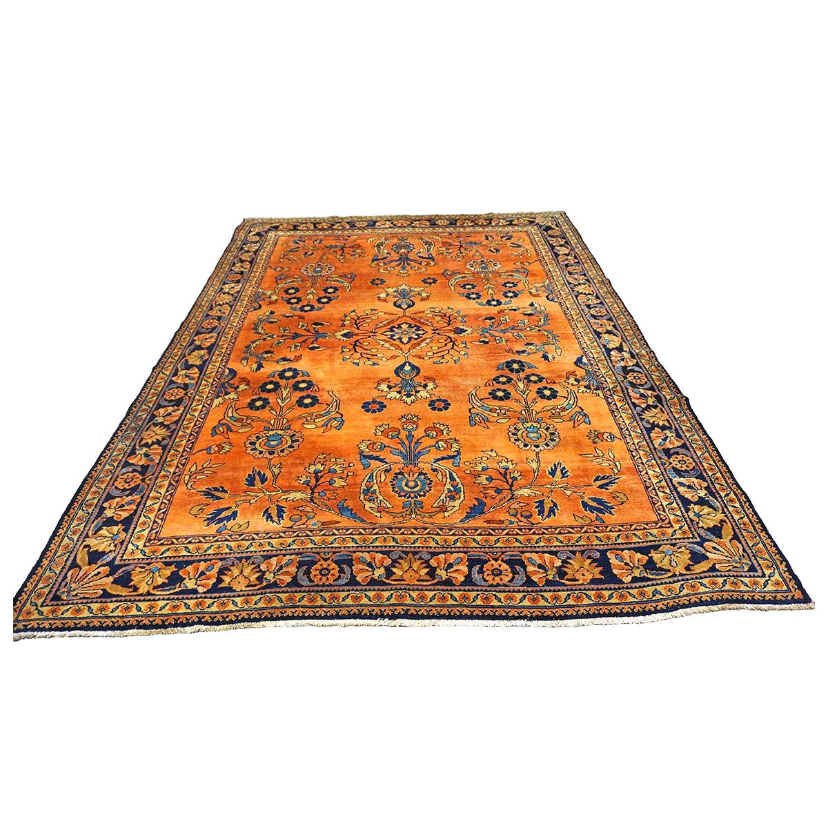 Antique Persian Lilihan Wool 7x10 Orange, Blue & Tan Handmade Area Rug #9902305