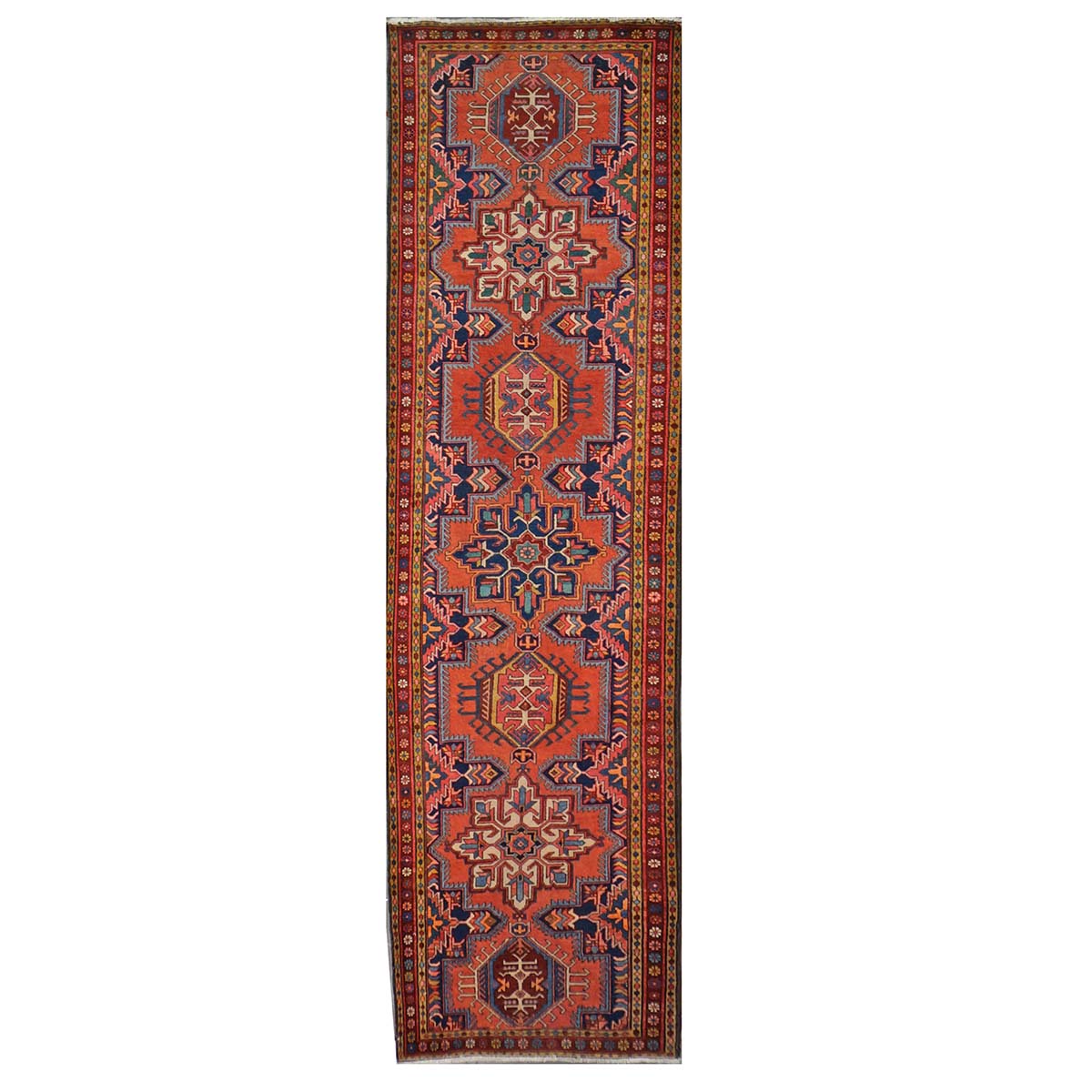 Antique Persian Heriz Wool 3x12 Red, Blue & Orange Handmade Runner Rug #9902312