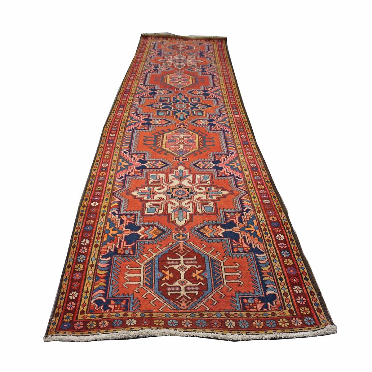 Antique Persian Heriz Wool 3x12 Red, Blue & Orange Handmade Runner Rug #9902312