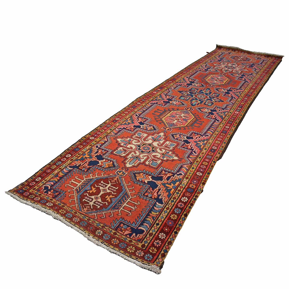 Antique Persian Heriz Wool 3x12 Red, Blue & Orange Handmade Runner Rug #9902312