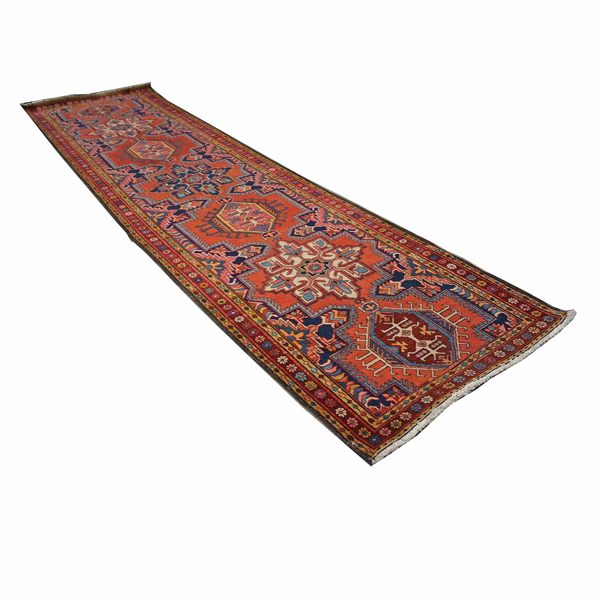 Antique Persian Heriz Wool 3x12 Red, Blue & Orange Handmade Runner Rug #9902312