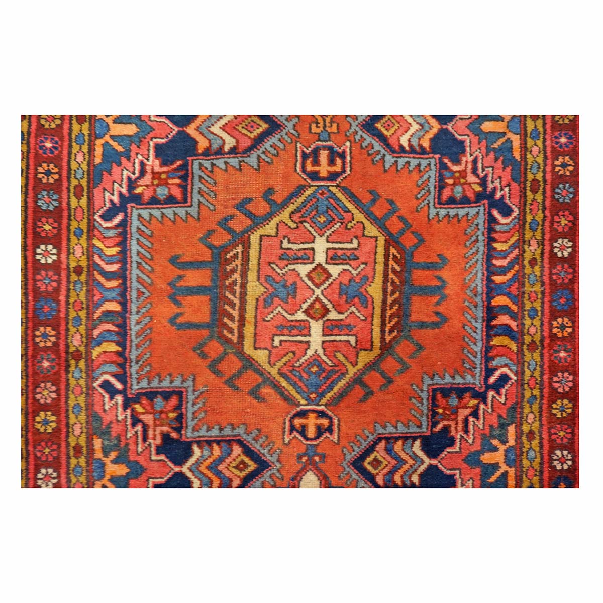 Antique Persian Heriz Wool 3x12 Red, Blue & Orange Handmade Runner Rug #9902312