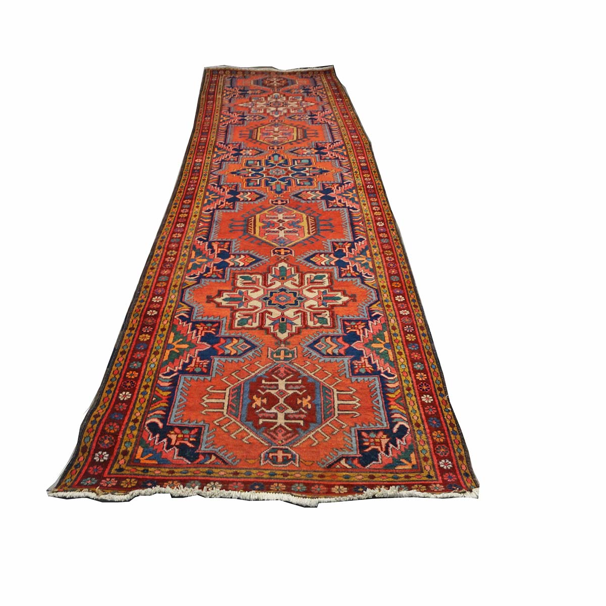 Antique Persian Heriz Wool 3x12 Red, Blue & Orange Handmade Runner Rug #9902312