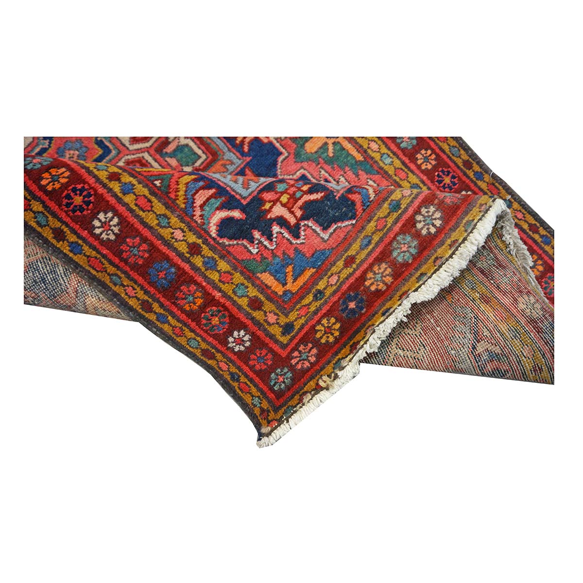 Antique Persian Heriz Wool 3x12 Red, Blue & Orange Handmade Runner Rug #9902312