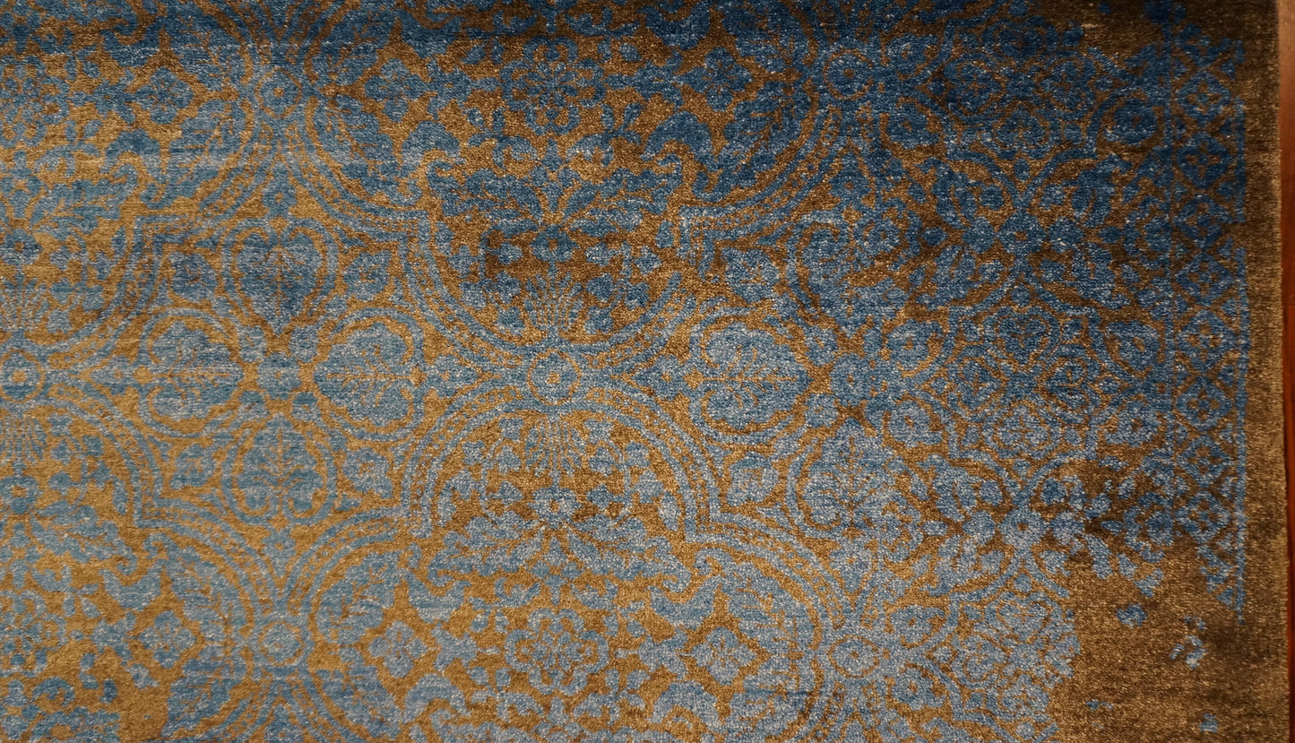 Nepalese Modern Silk 8 x 10 Blue & Golden Brown Handmade Area Rug #9902329