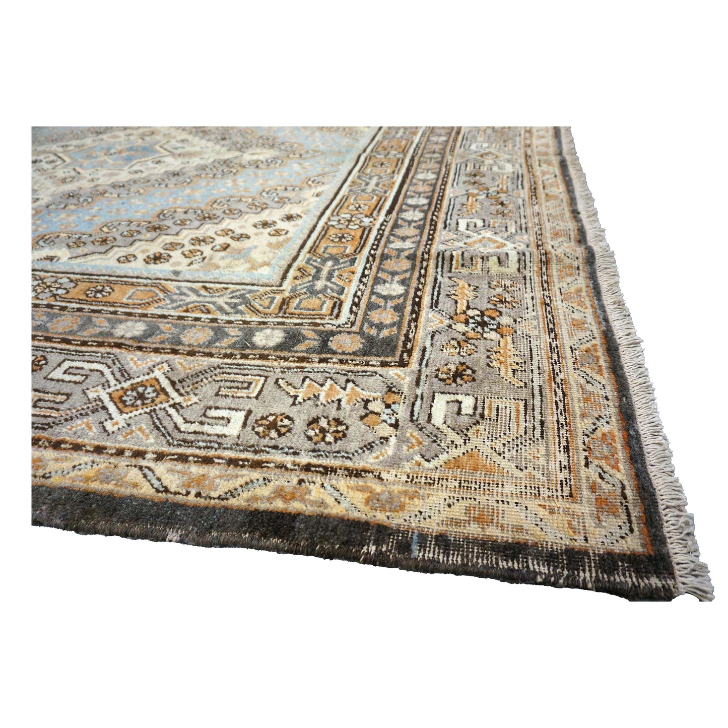 Vintage East Turkestani Khotan Wool 7x13 Taupe & Light Blue Handmade Gallery Rug #9902332