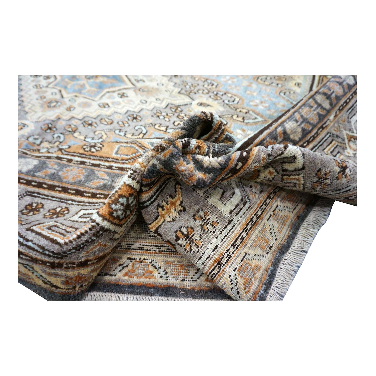 Vintage East Turkestani Khotan Wool 7x13 Taupe & Light Blue Handmade Gallery Rug #9902332