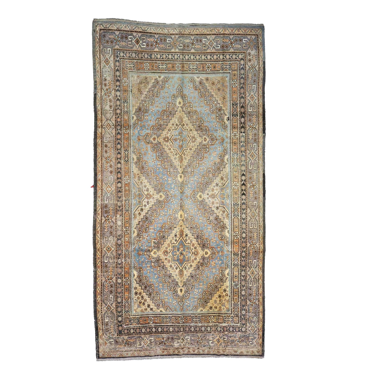 Vintage East Turkestani Khotan Wool 7x13 Taupe & Light Blue Handmade Gallery Rug #9902332