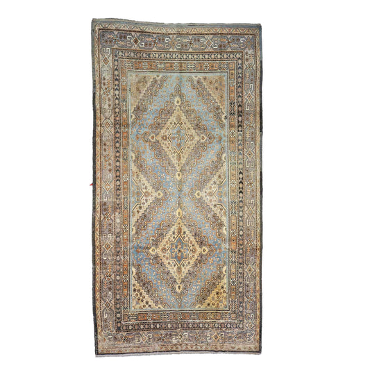 Vintage East Turkestani Khotan Wool 7x13 Taupe & Light Blue Handmade Gallery Rug #9902332