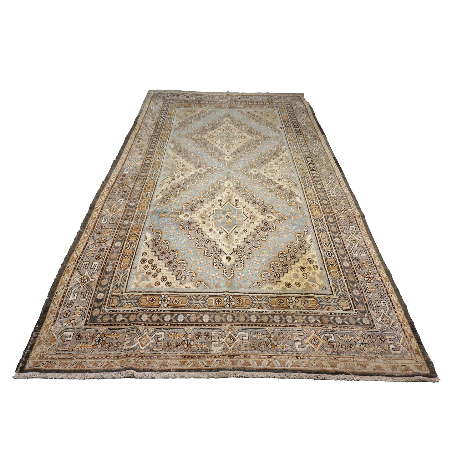 Vintage East Turkestani Khotan Wool 7x13 Taupe & Light Blue Handmade Gallery Rug #9902332