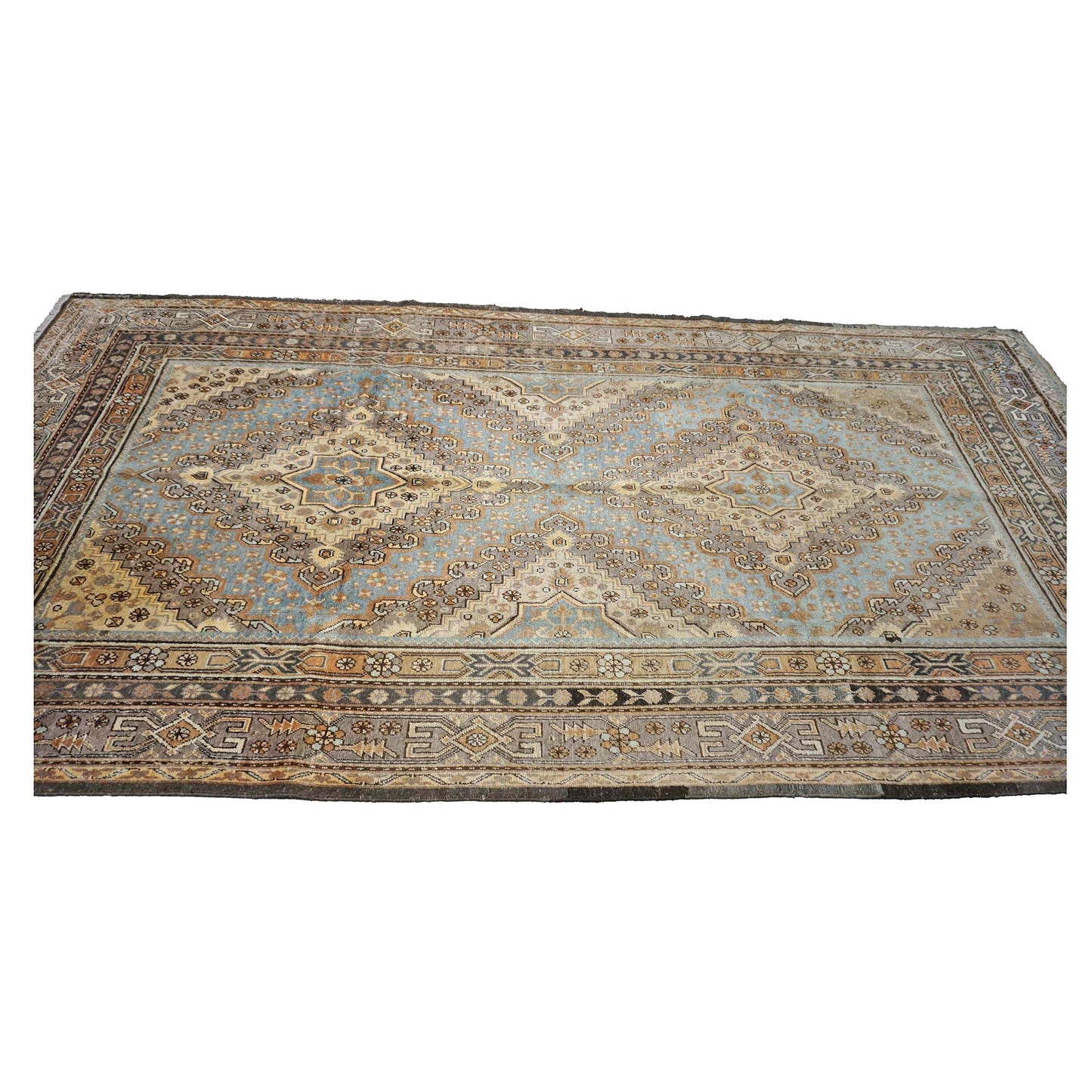 Vintage East Turkestani Khotan Wool 7x13 Taupe & Light Blue Handmade Gallery Rug #9902332