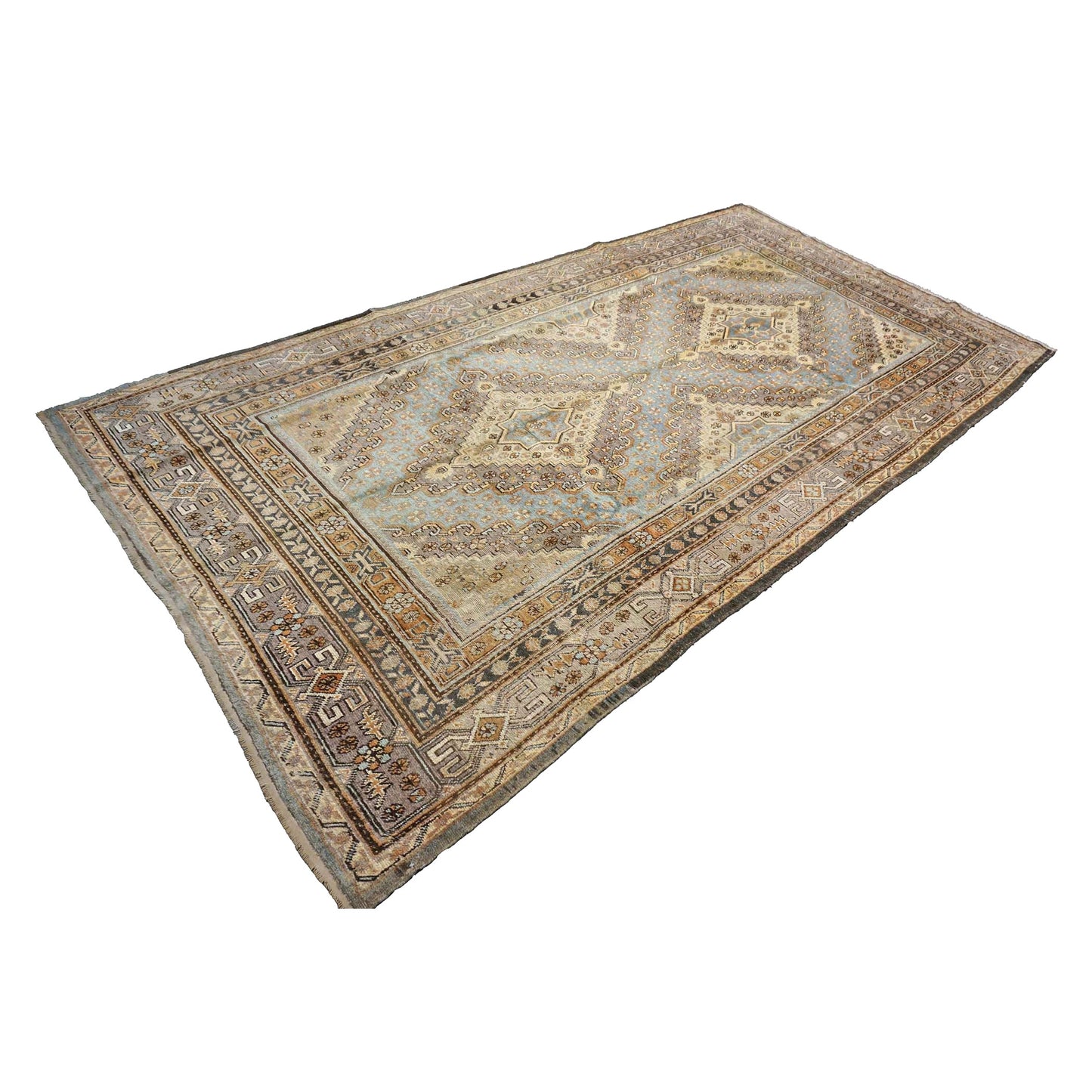 Vintage East Turkestani Khotan Wool 7x13 Taupe & Light Blue Handmade Gallery Rug #9902332