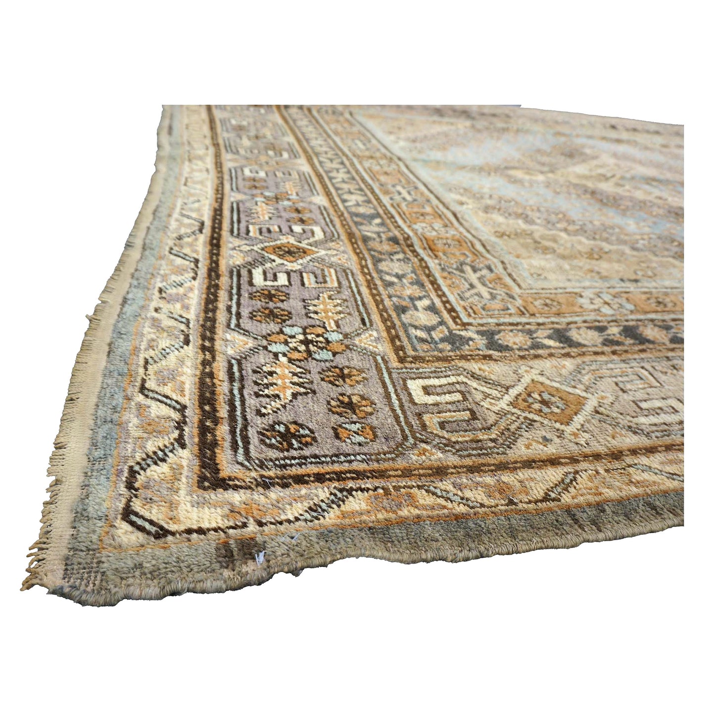 Vintage East Turkestani Khotan Wool 7x13 Taupe & Light Blue Handmade Gallery Rug #9902332