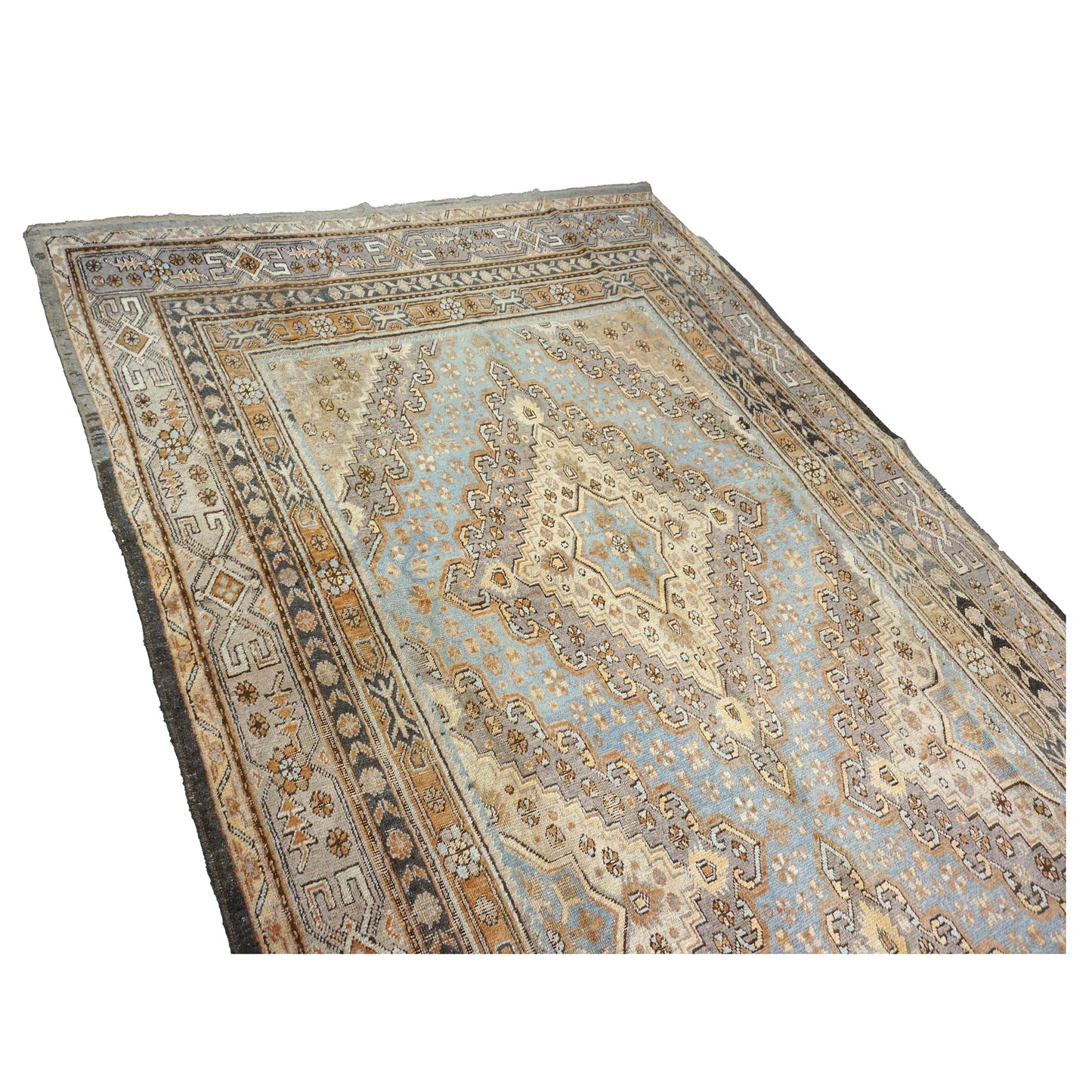 Vintage East Turkestani Khotan Wool 7x13 Taupe & Light Blue Handmade Gallery Rug #9902332