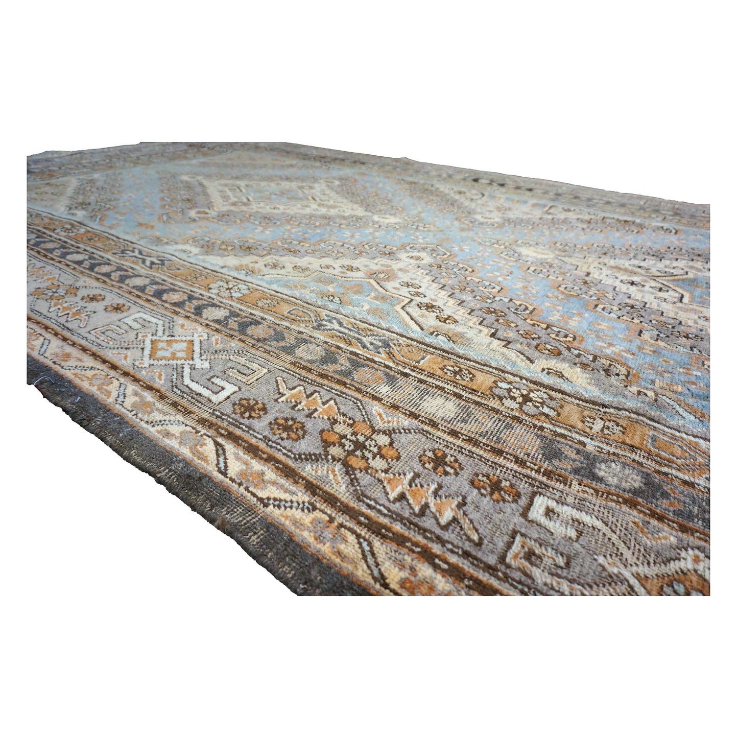 Vintage East Turkestani Khotan Wool 7x13 Taupe & Light Blue Handmade Gallery Rug #9902332