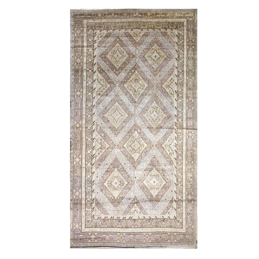 Antique East Turkestani Khotan Wool 9x18 Ivory, Taupe & Brown Handmade Gallery Rug #9902353