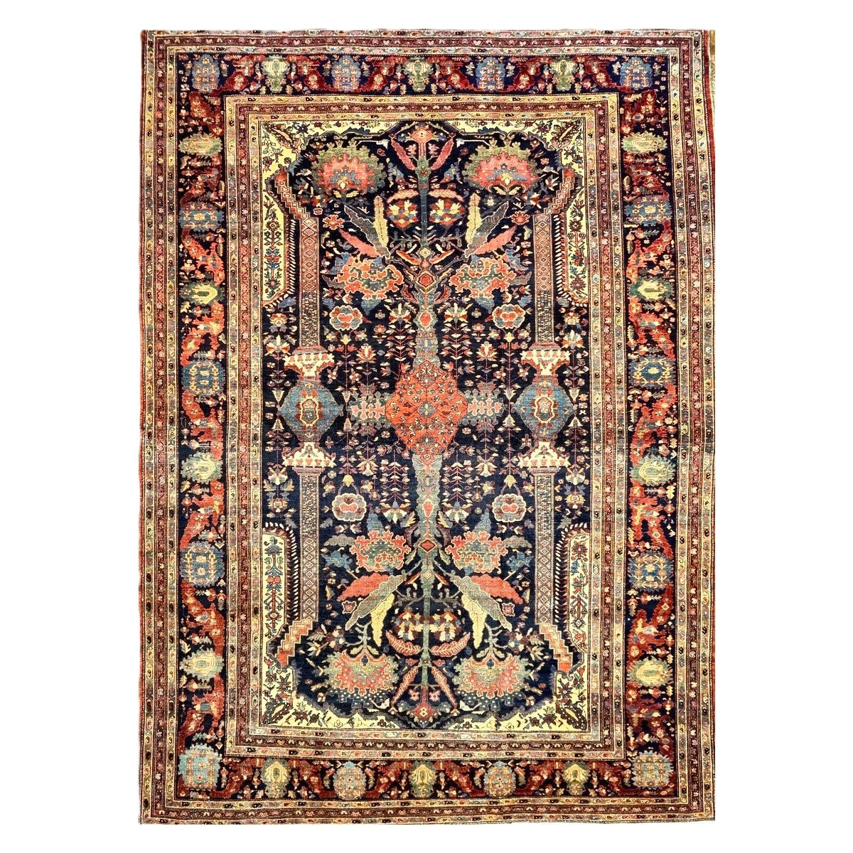 Antique Persian Farahan Wool 9x12 Navy, Ivory & Rust Handmade Area Rug #9902354