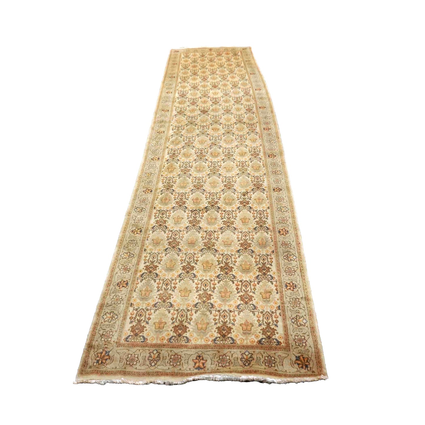 Antique Persian Tabriz Wool 3x13 Tan, Ivory & Teal Handmade Runner Rug #9902369