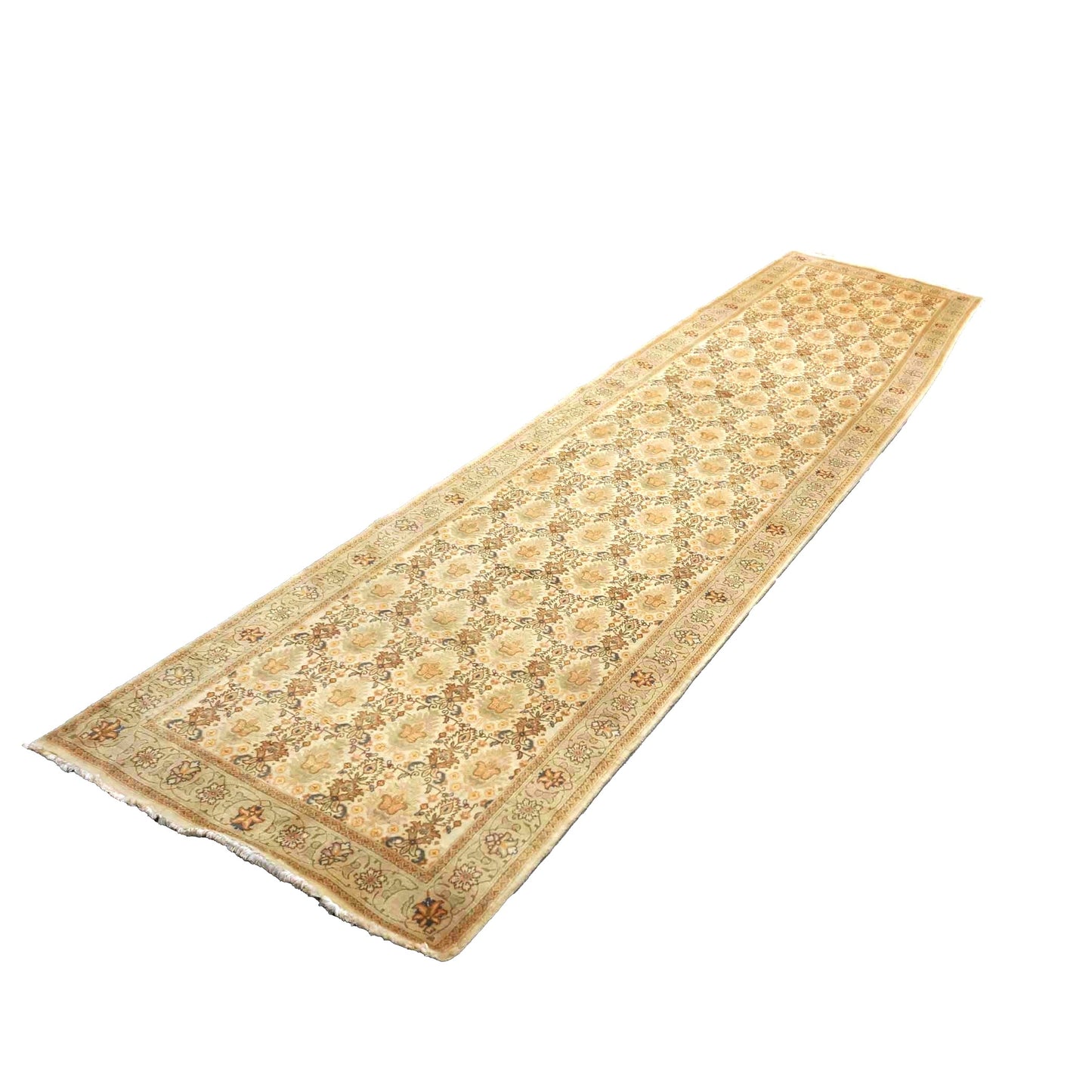 Antique Persian Tabriz Wool 3x13 Tan, Ivory & Teal Handmade Runner Rug #9902369