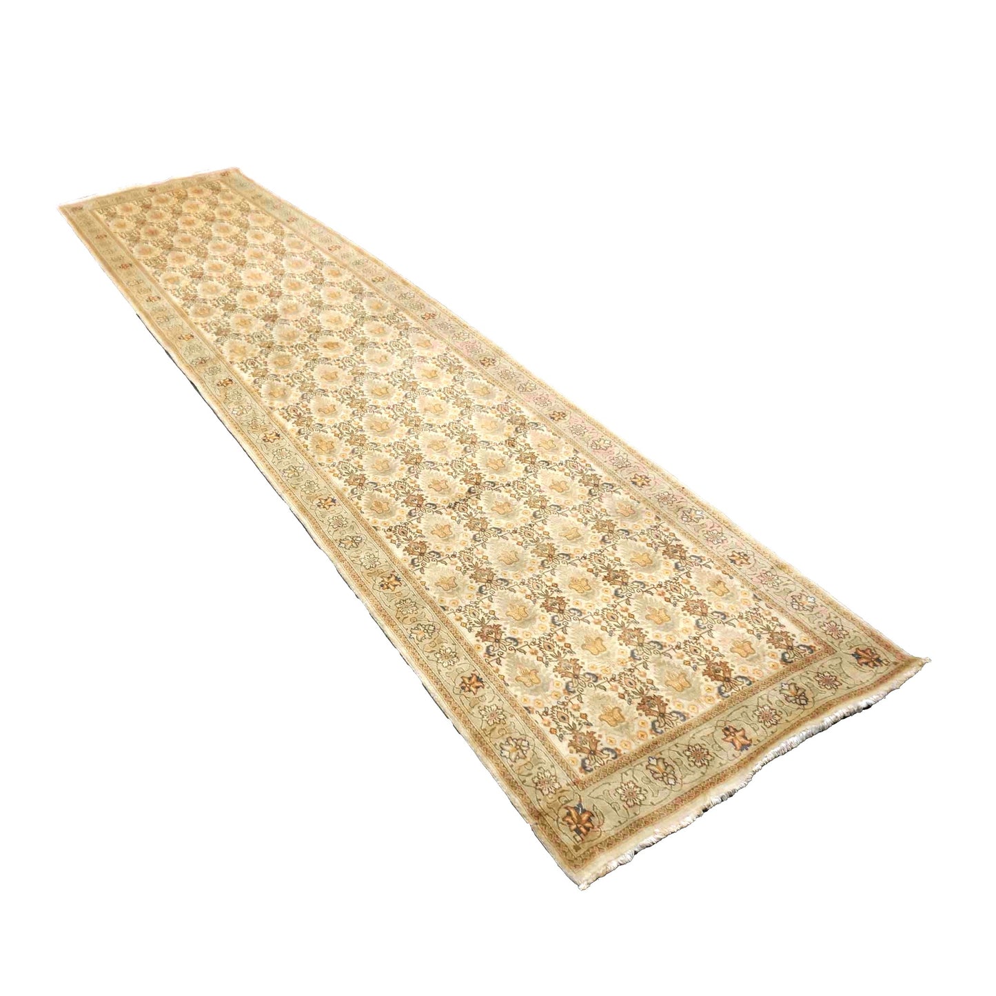 Antique Persian Tabriz Wool 3x13 Tan, Ivory & Teal Handmade Runner Rug #9902369